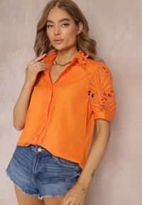 Renee - Pomarańczowa Koszula z Ozdobnym Kołnierzem i Rękawami z Koronkowymi Wstawkami Brixta. Kolor: pomarańczowy. Materiał: koronka. Styl: elegancki #5