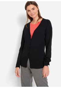 bonprix - Cienki kardigan z plisą guzikową. Okazja: na co dzień. Kolor: czarny. Materiał: dzianina, bawełna. Wzór: gładki, ze splotem. Styl: casual #1