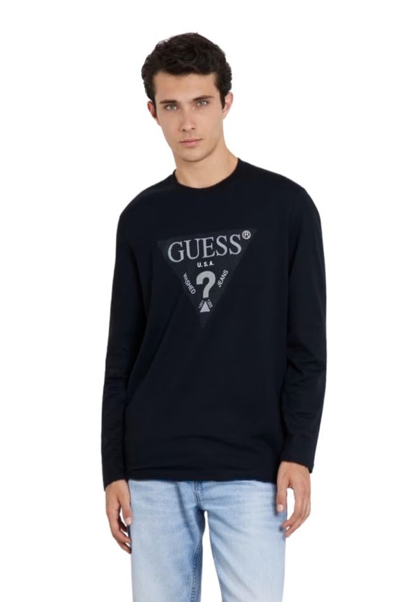 Guess - GUESS Granatowy męski longsleeve Ls Cn. Kolor: niebieski. Materiał: bawełna. Długość rękawa: długi rękaw. Długość: długie