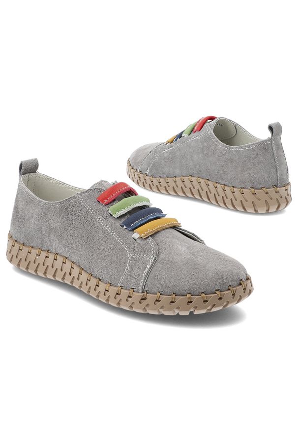 Półbuty damskie Vinceza, ze skóry naturalnej zamszowej kolorowe gumki elastyczne lekka elastyczna podeszwa casual, szare, 95377. Okazja: na co dzień. Zapięcie: pasek. Kolor: szary. Materiał: skóra, zamsz. Szerokość cholewki: normalna. Wzór: kolorowy. Styl: casual