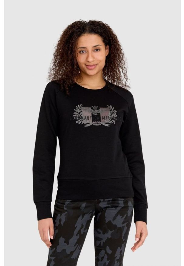 Aeronautica Militare - AERONAUTICA MILITARE Czarna bluza damska z dużym haftowanym logo, Rozmiar XS. Kolor: czarny. Materiał: wiskoza. Wzór: haft