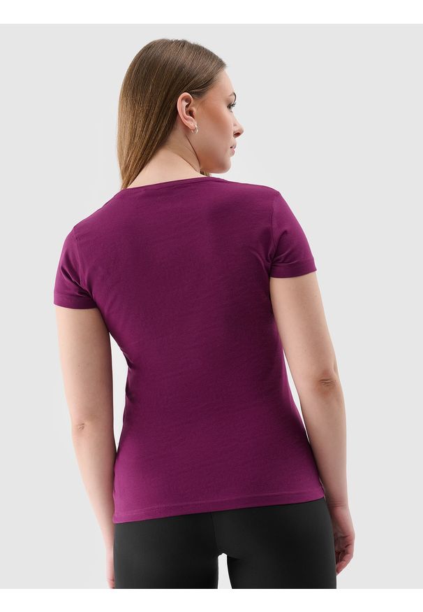 4f - 4F T-shirt slim gładki damski - fioletowy S. Okazja: na co dzień. Kolor: fioletowy. Materiał: jersey, materiał, bawełna, elastan, dzianina. Wzór: gładki. Styl: sportowy, casual