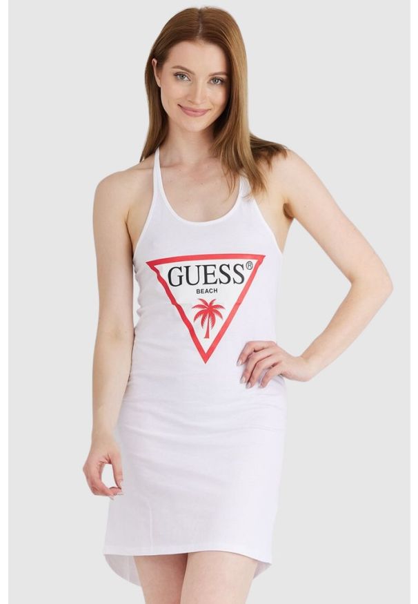 Guess - GUESS Biała sukienka damska na ramiączka z trójkątnym logo, Rozmiar L. Kolor: biały. Materiał: bawełna. Długość rękawa: na ramiączkach. Wzór: nadruk