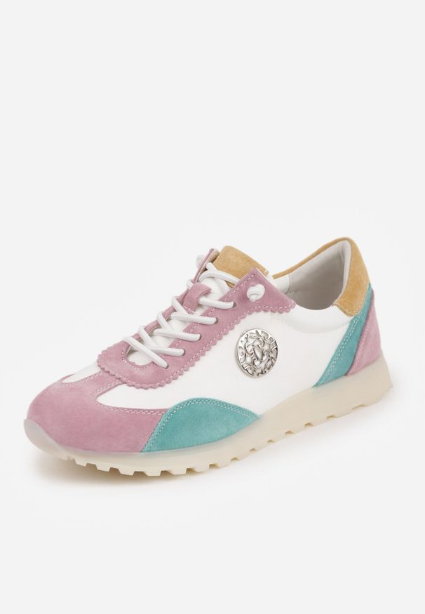 Born2be - Biało-Fioletowe Skórzane Sneakersy z Metaliczną Ozdobą Rioneira. Zapięcie: sznurówki. Kolor: biały. Materiał: skóra. Wzór: aplikacja