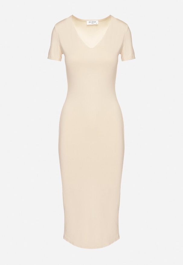 Born2be - Jasnobeżowa Sukienka Dopasowana Bodycon z Dekoltem w Serek Efricene. Okazja: na co dzień. Typ kołnierza: dekolt w serek. Kolor: beżowy. Materiał: jeans. Długość rękawa: krótki rękaw. Typ sukienki: bodycon. Styl: klasyczny, casual