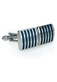 Modini - Prostokątne srebrno-granatowe spinki do mankietów - paski U273. Kolor: srebrny, wielokolorowy, niebieski. Wzór: paski #1