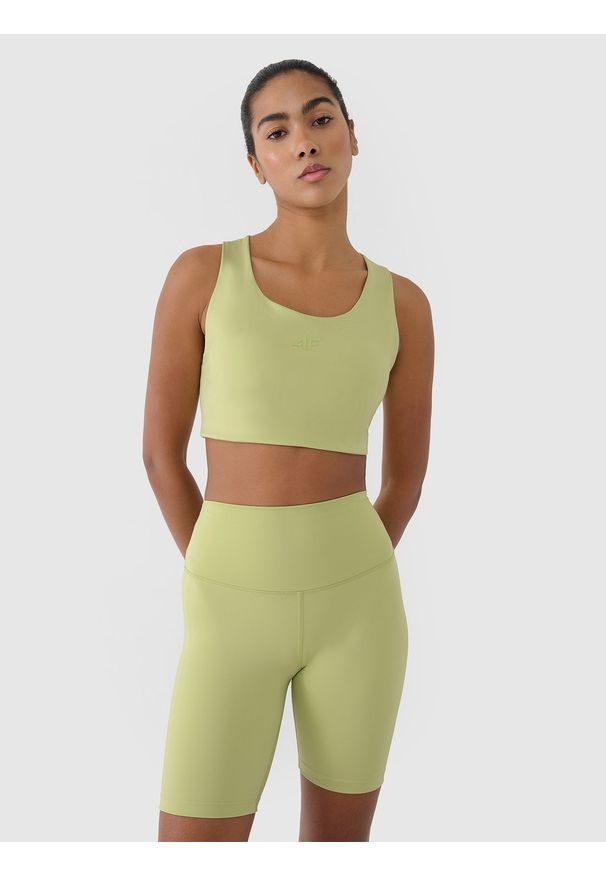 4f - 4F Biustonosz treningowy z niskim wsparciem damski - zielony XL. Kolor: zielony. Materiał: elastan, włókno, guma, dzianina, materiał, syntetyk. Rodzaj stanika: wyciągane miseczki. Wzór: ze splotem, gładki, jednolity. Sport: joga i pilates, fitness