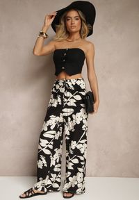 Renee - Czarne Szerokie Spodnie z Wiskozy High Waist w Kwiatowy Wzór Elaneora. Okazja: na co dzień. Stan: podwyższony. Kolor: czarny. Materiał: wiskoza. Wzór: kwiaty. Styl: elegancki, casual #4