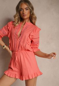 Renee - Pomarańczowy Wiskozowy Kombinezon z Lnem w Rustykalnym Stylu z Koronką i Falbanami Linulia. Okazja: na co dzień. Kolor: pomarańczowy. Materiał: koronka, len, wiskoza. Wzór: koronka. Sezon: lato. Styl: casual, elegancki