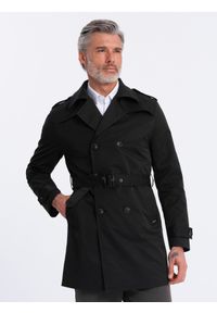 Ombre Clothing - Elegancki płaszcz męski trencz SLIM FIT z paskiem - czarny V2 OM-COSC-0111 - XXL. Kolor: czarny. Materiał: materiał, tkanina, poliester. Wzór: gładki. Styl: elegancki #5