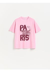 Reserved - Bawełniany t-shirt z nadrukiem - różowy. Kolor: różowy. Materiał: bawełna. Wzór: nadruk