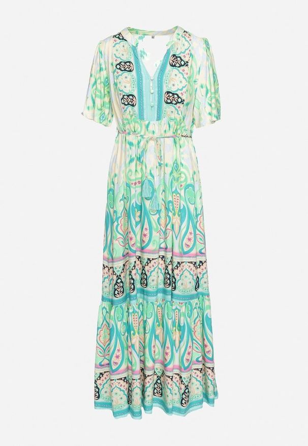 Born2be - Zielona Wiskozowa Sukienka Boho Zapinana na Guziki z Materiałowym Paskiem w Talii Dimovana. Okazja: na co dzień. Typ kołnierza: dekolt w serek. Kolor: zielony. Materiał: wiskoza, materiał. Długość rękawa: krótki rękaw. Wzór: aplikacja. Typ sukienki: proste. Styl: boho