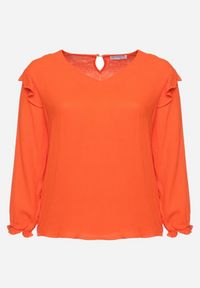 Born2be - Pomarańczowa Bluzka z Bawełny z Długim Rękawem i Falbanką Pixela. Kolor: pomarańczowy. Materiał: bawełna. Długość rękawa: długi rękaw. Długość: długie. Wzór: aplikacja. Styl: elegancki #2