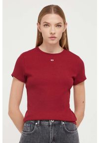 Tommy Jeans t-shirt damski kolor bordowy. Okazja: na co dzień. Kolor: czerwony. Materiał: bawełna, dzianina, prążkowany. Wzór: aplikacja. Styl: casual
