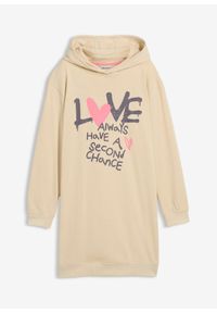 bonprix - Sukienka dresowa z kapturem z czystej bawełny organicznej. Typ kołnierza: kaptur. Kolor: beżowy. Materiał: bawełna, dresówka. Wzór: nadruk #1