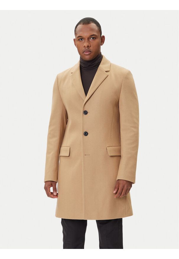 Hugo - HUGO Płaszcz wełniany Migor2541 50546528 Beżowy Slim Fit. Kolor: beżowy. Materiał: wełna