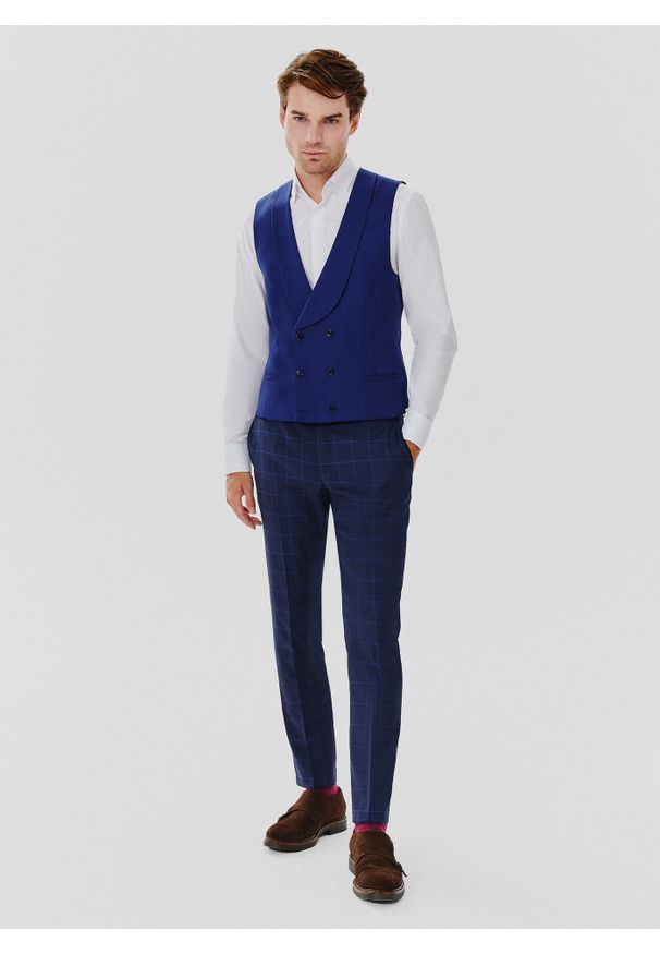 Pako Lorente - PAKO LORENTE – Granatowa dwurzędowa kamizelka męska. Kolor: niebieski. Materiał: elastan, wełna. Wzór: gładki