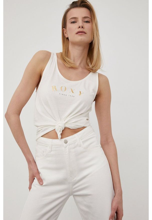 Roxy top damski kolor beżowy. Kolor: beżowy. Materiał: bawełna. Długość rękawa: na ramiączkach. Wzór: nadruk