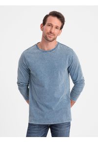 Ombre Clothing - Longsleeve męski washowany z okrągłym dekoltem - niebieski denim V6 OM-LSWL-0103 - XXL. Okazja: na co dzień. Kolor: niebieski. Materiał: denim. Długość rękawa: długi rękaw. Długość: długie. Wzór: gładki. Styl: klasyczny, rockowy, casual #6
