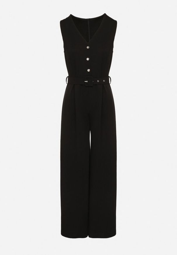 Born2be - Czarny Taliowany Kombinezon z Wiskozą Ozdobiony Paskiem Ralinelle. Okazja: na imprezę. Kolor: czarny. Materiał: wiskoza. Wzór: aplikacja. Styl: elegancki, klasyczny