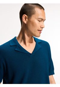 Reserved - Strukturalny sweter polo - niebieski. Typ kołnierza: polo. Kolor: niebieski. Materiał: bawełna, dzianina #1
