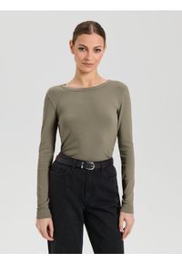 Sinsay - Koszulka z długimi rękawami - khaki. Kolor: brązowy. Długość rękawa: długi rękaw. Długość: długie