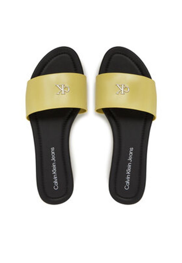 Calvin Klein Jeans Klapki Flat Sandal Slide Mg YW0YW01697 Zielony. Kolor: zielony. Materiał: skóra