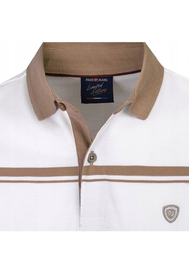 Koszulka Polo - Męska - Pako Jeans - Odcienie Beżów, Pasy. Okazja: na co dzień. Typ kołnierza: polo. Kolor: brązowy, beżowy, wielokolorowy. Materiał: bawełna. Wzór: prążki, paski. Styl: casual