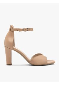 Ryłko - Beżowe sandały damskie na słupku. Nosek buta: okrągły. Zapięcie: sprzączka. Kolor: beżowy. Materiał: skóra. Obcas: na słupku. Styl: street, elegancki. Wysokość obcasa: średni #1