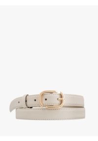 Ryłko - Beżowy pasek damski ze skóry licowej ze złotą klamrą. Kolor: beżowy. Materiał: skóra. Wzór: aplikacja #1
