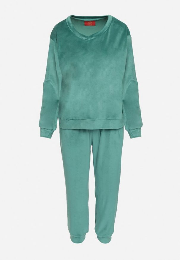 Born2be - Zielony Welurowy Komplet Dresowy Bluza z Trójkątnym Dekoltem i Spodnie z Kieszeniami Onchia. Kolor: zielony. Materiał: welur, dresówka