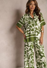 Renee - Zielono-Beżowy Letni Komplet Luźna Koszula z Krótkim Rękawem Szerokie Spodnie z Gumką w Talii Vikiimina. Kolor: zielony. Materiał: tkanina, materiał. Wzór: aplikacja #2