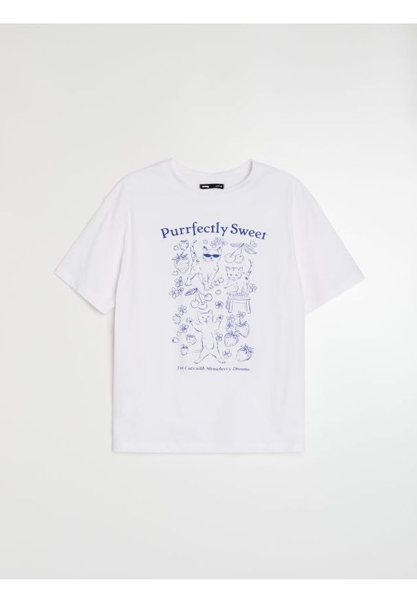 Sinsay - Bawełniana koszulka z motywem kotów - biały. Kolor: biały. Materiał: bawełna