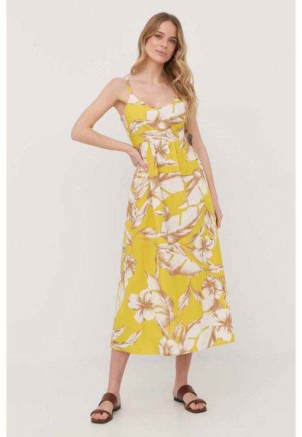 TwinSet - Twinset sukienka bawełniana kolor żółty midi rozkloszowana. Kolor: żółty. Materiał: bawełna. Długość rękawa: na ramiączkach. Długość: midi