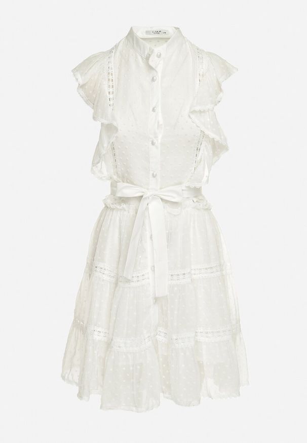 Born2be - Biała Koszulowa Sukienka Mini z Falbankami i Wiązanym Paskiem Divertire. Typ kołnierza: kołnierz z falbankami. Kolor: biały. Materiał: tkanina, materiał. Typ sukienki: koszulowe. Długość: mini