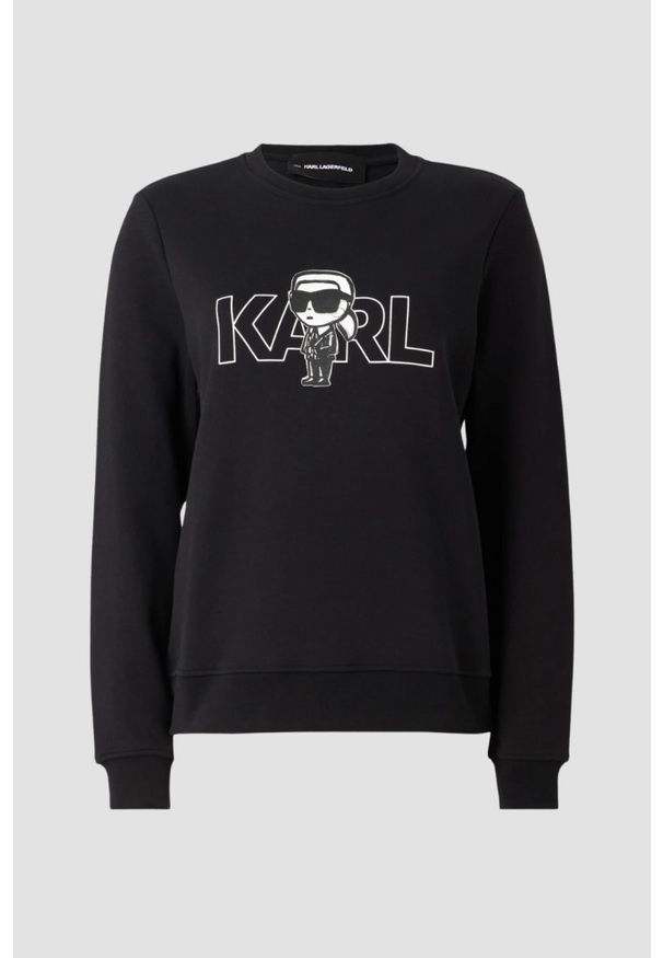 Karl Lagerfeld - KARL LAGERFELD Czarna bluza damska Ikon z nadrukiem, Rozmiar L. Typ kołnierza: dekolt w karo. Kolor: czarny. Materiał: bawełna. Wzór: nadruk. Styl: klasyczny