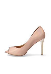 Arturo Vicci - Czółenka różowe holograficzne peep toe. Nosek buta: otwarty. Kolor: różowy. Materiał: skóra ekologiczna. Obcas: na obcasie. Styl: wizytowy. Wysokość obcasa: średni #5