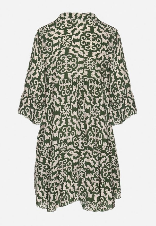 Born2be - Zielona Sukienka Rozkloszowana z Bawełny w Etniczny Wzór Zalista. Okazja: na co dzień. Kolor: zielony. Materiał: bawełna. Typ sukienki: rozkloszowane. Styl: boho, casual