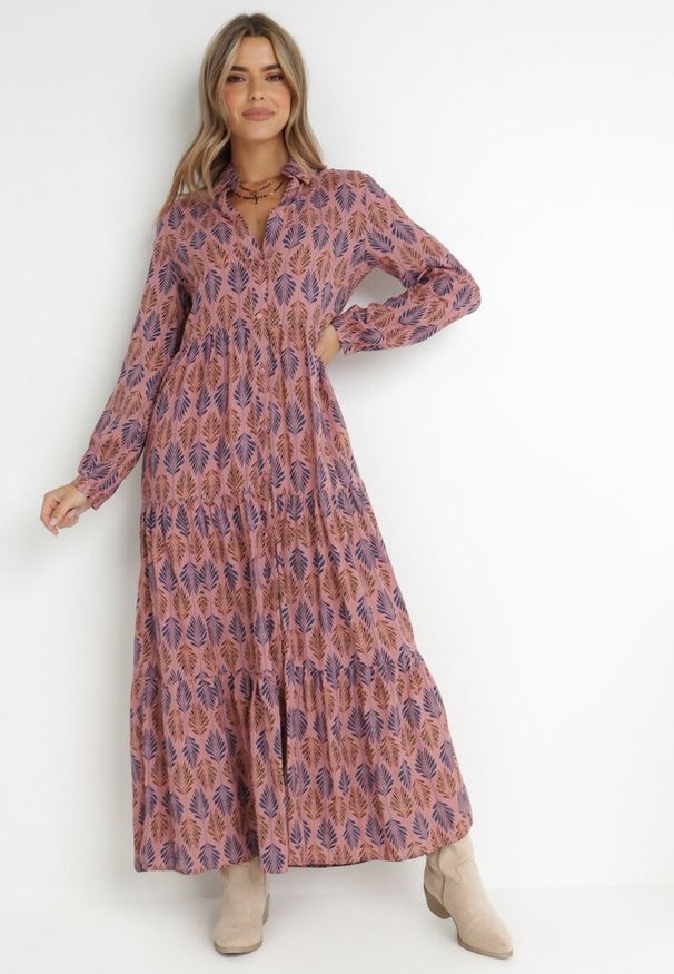 Born2be - Ciemnoróżowa Sukienka Hypsamna. Kolor: różowy. Materiał: skóra, bawełna. Długość rękawa: długi rękaw. Wzór: nadruk, aplikacja. Typ sukienki: koszulowe, szmizjerki. Długość: maxi