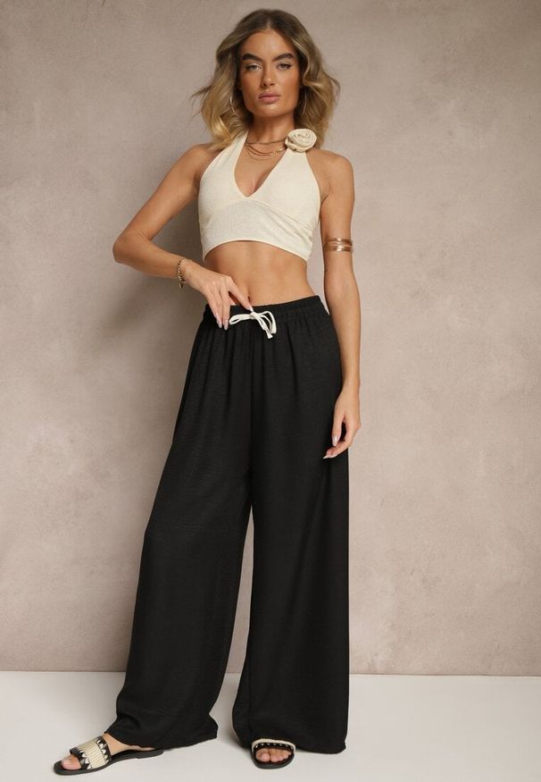 Renee - Czarne Spodnie z Bawełną o Szerokim Kroju High Waist z Wiązaniem Noleldi. Okazja: na co dzień. Stan: podwyższony. Kolor: czarny. Materiał: bawełna. Styl: casual, elegancki