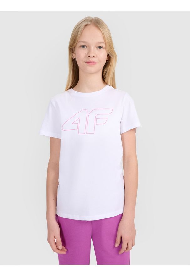 4f - 4F T-shirt regular z nadrukiem dziewczęcy - biały 158 (12-13 lat). Okazja: na co dzień. Kolor: biały. Materiał: jersey, bawełna, dzianina. Długość rękawa: krótki rękaw. Długość: krótkie. Wzór: nadruk. Sezon: lato. Styl: sportowy, klasyczny, casual