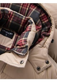 Ombre Clothing - Męska kurtka puffer z podszewką w kratę – beżowa V2 - Rozmiar: XL. Kolor: beżowy. Materiał: guma, poliester, materiał, bawełna, syntetyk, nylon. Długość: długie. Wzór: aplikacja #10