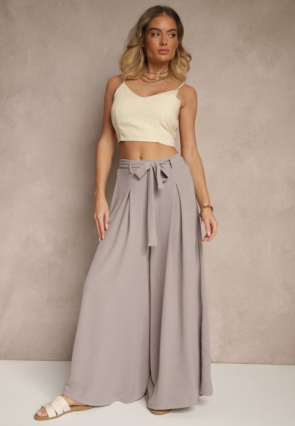 Renee - Szare Spodnie z Bawełną o Szerokim Kroju High Waist z Paskiem Iveleldi. Stan: podwyższony. Kolor: szary. Materiał: bawełna. Styl: elegancki