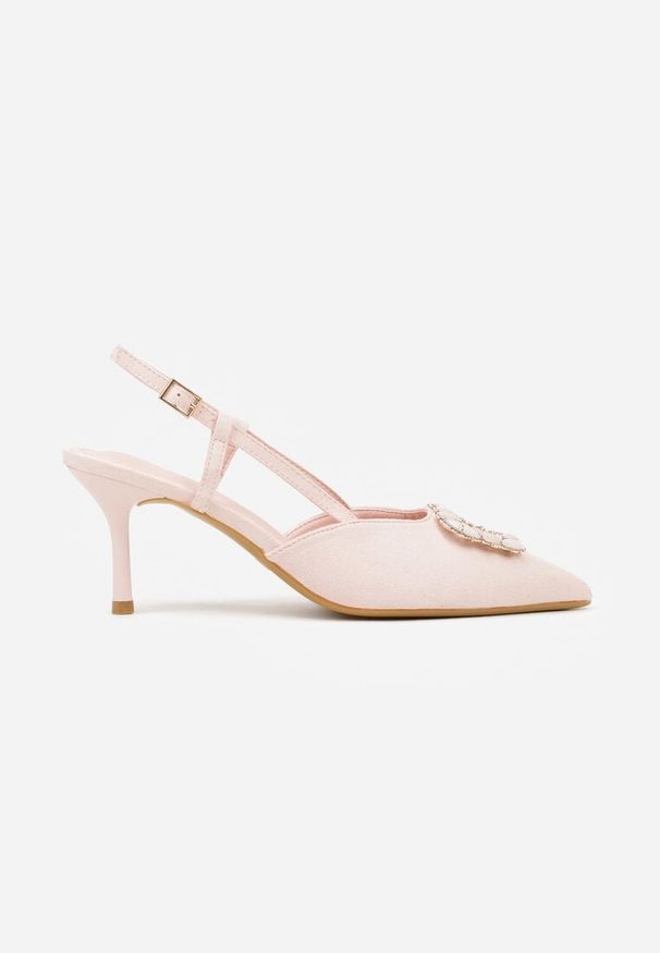 Renee - Różowe Sandały na Szpilce Ozdobione Aplikacją z Cyrkoniami Orinriane. Zapięcie: sprzączka. Kolor: różowy. Wzór: aplikacja. Obcas: na szpilce