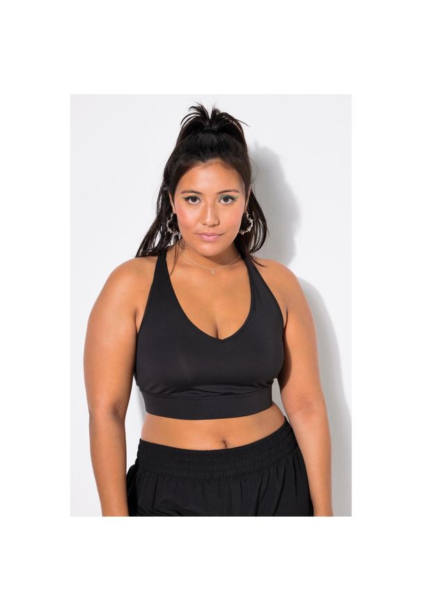 ULLA POPKEN - Biustonosz sportowy, miękkie miseczki, skrzyżowane ramiączka na plecach. Kolekcja: plus size. Kolor: czarny. Materiał: elastan, poliester