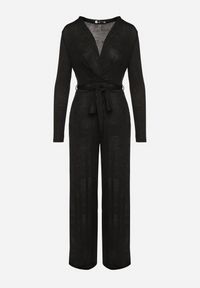 Born2be - Czarny Kopertowy Kombinezon z Wiskozą Zdobiony Wiązanym Paskiem Nalissa. Okazja: na co dzień. Kolor: czarny. Materiał: wiskoza. Długość: długie. Wzór: aplikacja. Styl: elegancki, casual #3