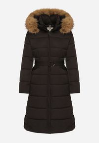 Born2be - Czarna Długa Kurtka Pikowana z Kapturem z Futerkiem i Paskiem w Talii Avesiia. Okazja: na spotkanie biznesowe, do pracy. Typ kołnierza: kaptur. Kolor: czarny. Materiał: futro. Długość: długie. Styl: biznesowy #4
