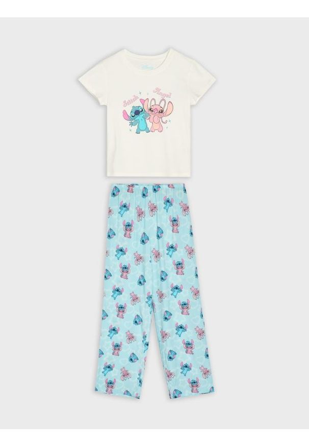 Sinsay - Bawełniana piżama dwuczęściowa z nadrukiem Stitch - kremowy. Kolor: kremowy. Materiał: bawełna. Wzór: nadruk