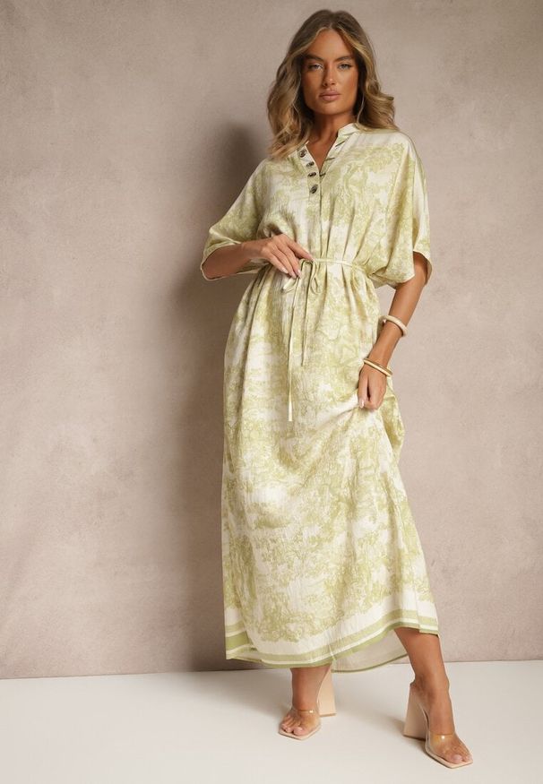 Renee - Zielona Sukienka Oversize z Wiskozą i Abstrakcyjnym Motywem Lunisana. Okazja: na co dzień. Kolor: zielony. Materiał: wiskoza. Typ sukienki: oversize. Styl: elegancki, casual
