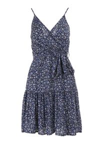 Born2be - Granatowa Sukienka z Wiskozy Eudaia. Typ kołnierza: dekolt kopertowy. Kolor: niebieski. Wzór: aplikacja, kwiaty. Typ sukienki: rozkloszowane, kopertowe. Materiał: wiskoza. Długość rękawa: na ramiączkach. Sezon: lato. Styl: wakacyjny. Długość: mini #3